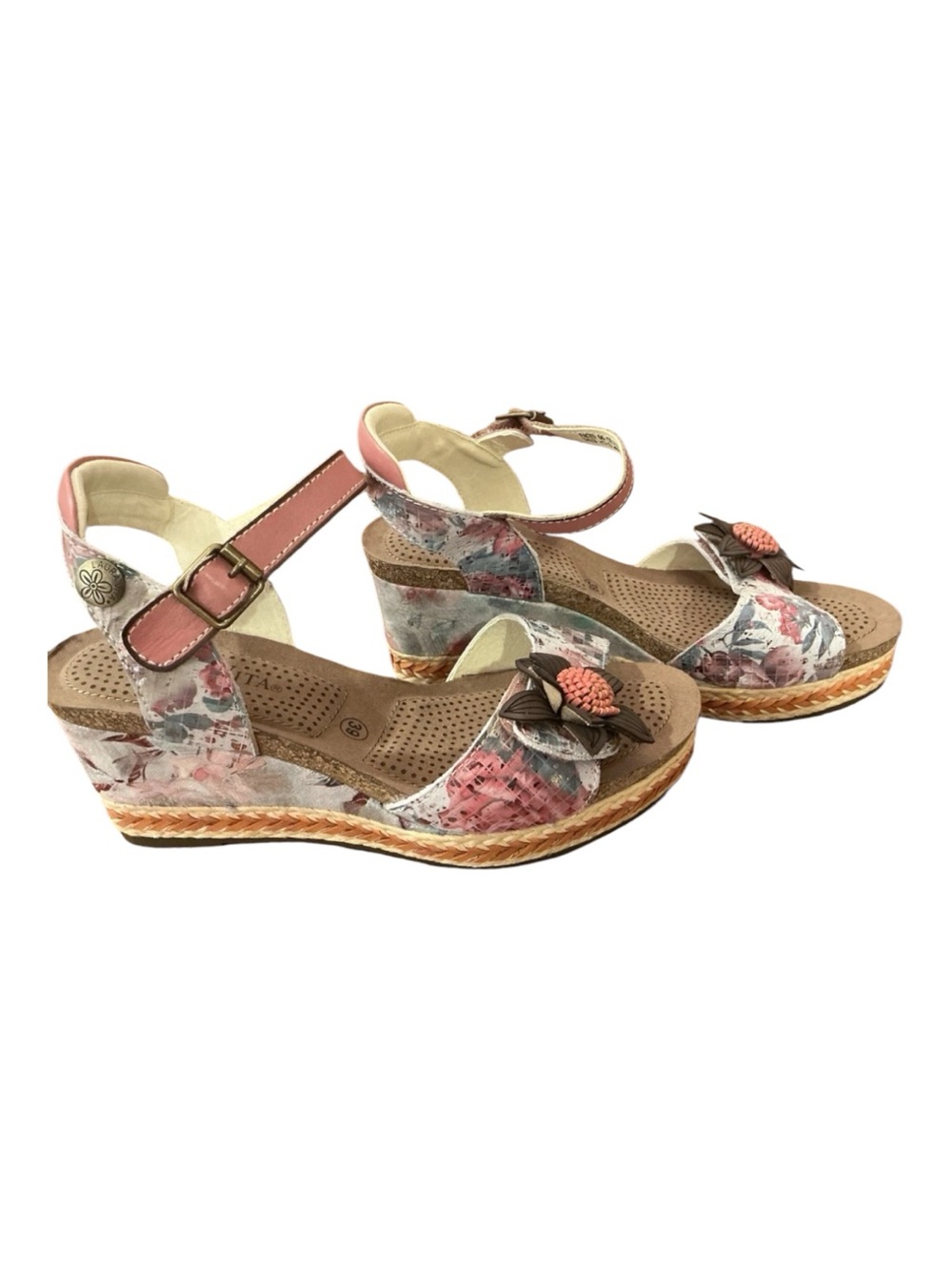 New Laura Vita France Floral Brown Pink Ankle-Strap Wedge Sandals Sz 39 - Picture 2 of 8